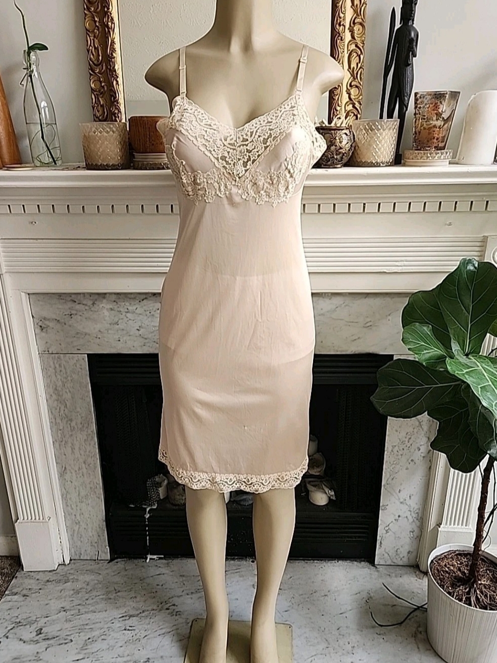 Vintage 1960s Vassarette Lace Nylon Slip 34F USA Made Nude Beige Satin Boudoir